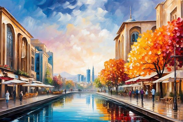 طرح آبرنگی خیابان شهر با درختان پاییزی باکیفیت