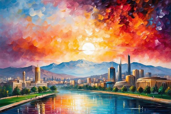 تصویر منظره شهر و دریاچه آبرنگی با جزئیات بالا