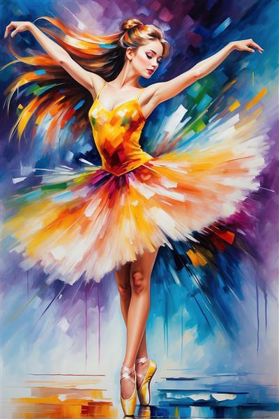 تصویر دختر بالرین فانتزی با لباس زرد و نارنجی در حال رقص