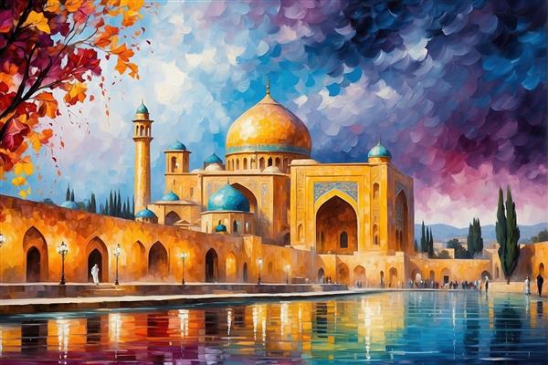 تصویر نقاشی شده از عمارت تاریخی ایرانی در غروب بنفش