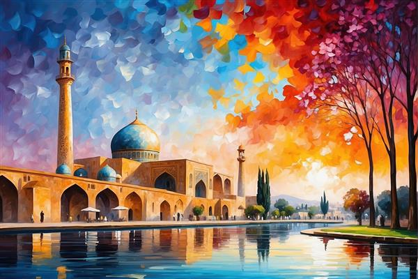 طرح هنری مسجد ایرانی با آسمان انتزاعی و حوض بزرگ