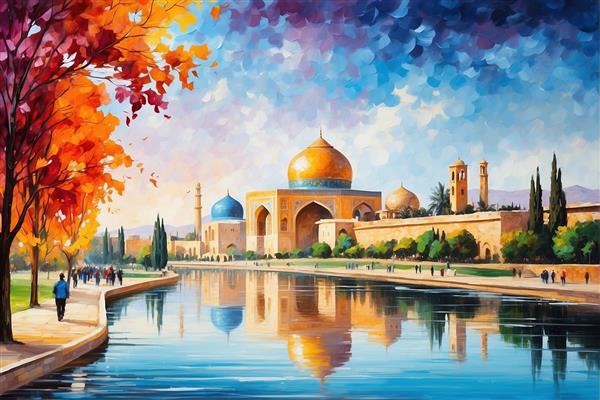 عکس فانتزی معماری ایرانی کنار رودخانه با رنگ‌های گرم