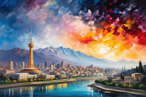 تصویر پانوراما از شهر تهران و برج میلاد در غروب رنگین