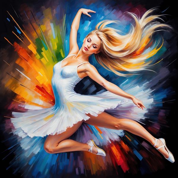 عکس بالرین فانتزی در حال پرش با لباس سفید و پس‌زمینه تیره
