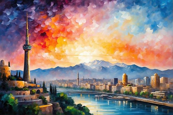 طرح نقاشی شهر تهران و کوه دماوند باکیفیت