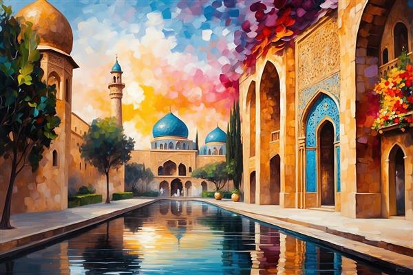 عکس مسجد فانتزی با معماری سنتی ایرانی و حوض