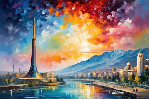 تصویر نقاشی دیجیتال برج میلاد تهران با آسمان رنگی