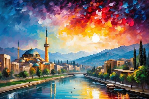 تصویر منظره شهر و مسجد با انعکاس در رودخانه