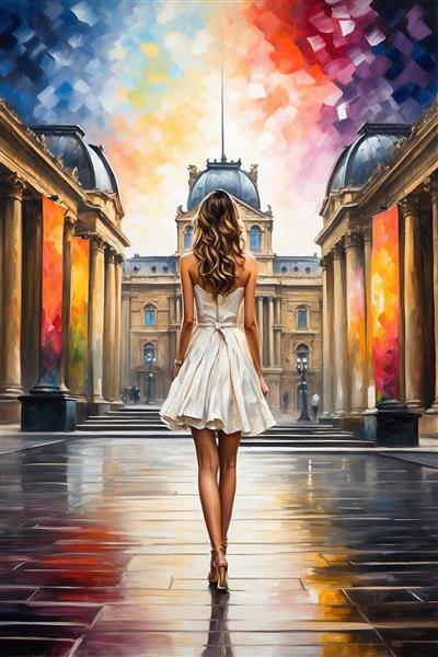 عکس زن با لباس سفید در مقابل عمارت کلاسیک باشکوه