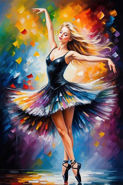 طرح بالرین با لباس مشکی و پس‌زمینه انتزاعی رنگی