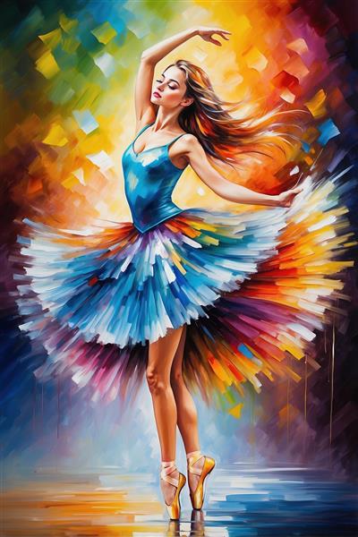تصویر بالرین زیبا با دامن رنگارنگ و سبک نقاشی مدرن