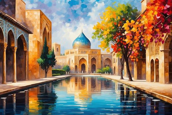 طرح عمارت سنتی ایرانی با حوض آب و سبک نقاشی