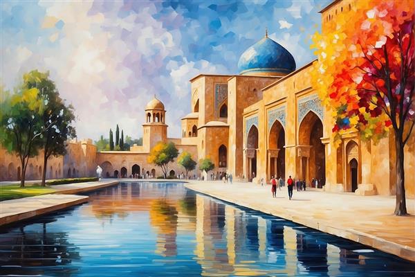 عکس عمارت سنتی با حوض آب و درخت قرمز