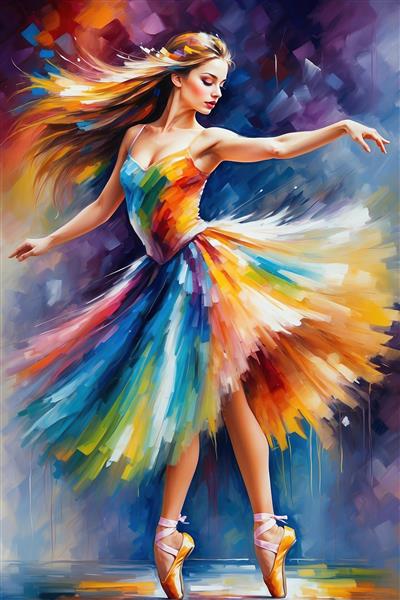 نقاشی رقص باله مدرن با لباس رنگین کمانی