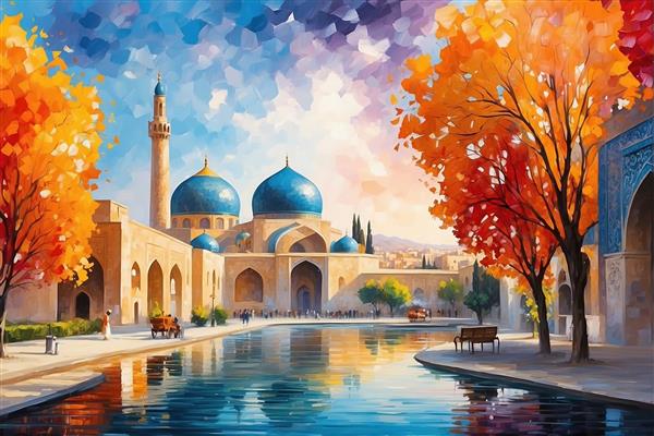 طرح آبرنگی مسجد با گنبد فیروزه‌ای و درختان پاییزی
