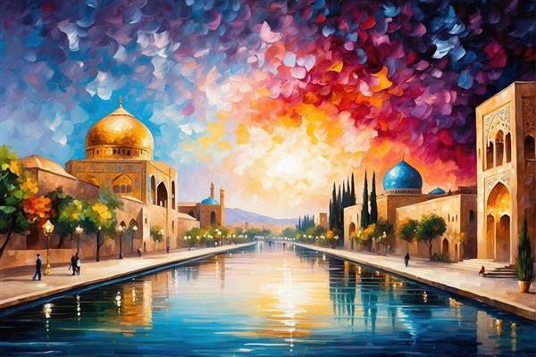 تصویر منظره شهر سنتی و رودخانه با نور خورشید