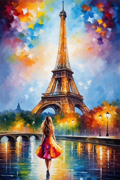 تصویر نقاشی برج ایفل و زن در پاریس