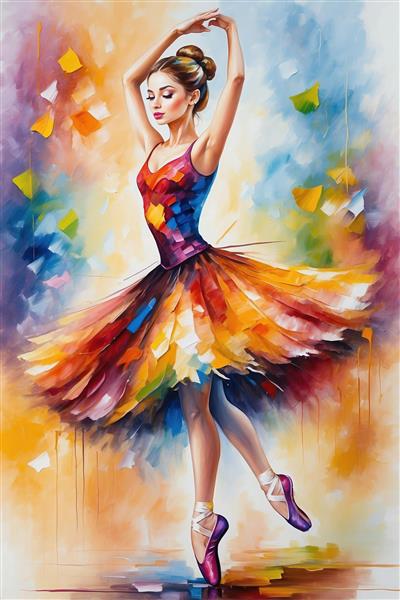 تصویر نقاشی بالرین ایستاده با دامن نارنجی و بنفش