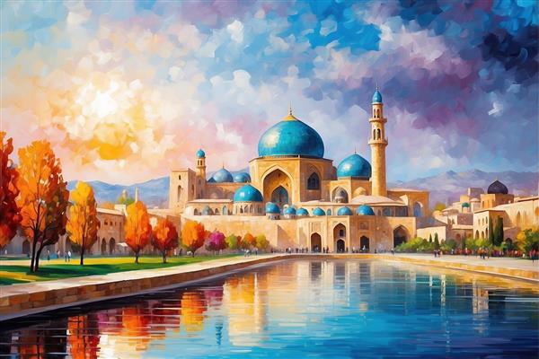 عکس مسجد قدیمی با گنبدهای آبی در غروب آفتاب