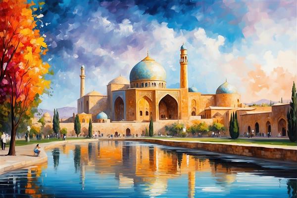 طرح مسجد باشکوه با گنبد فیروزه‌ای و درختان پاییزی