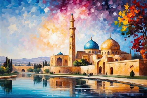 تصویر عمارت اسلامی با مناره بلند و انعکاس در آب