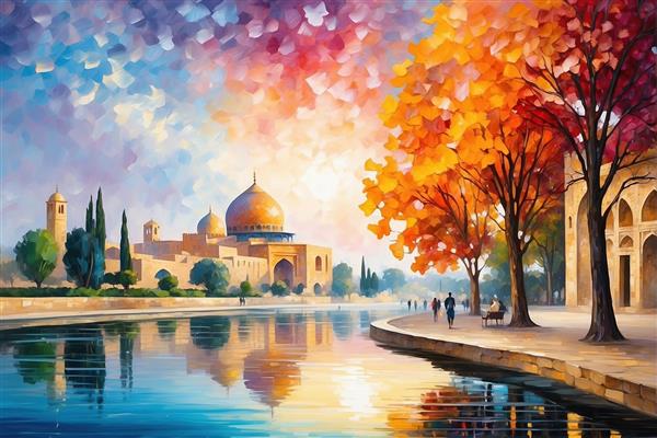 عکس منظره پارک و مسجد با درختان پاییزی نارنجی