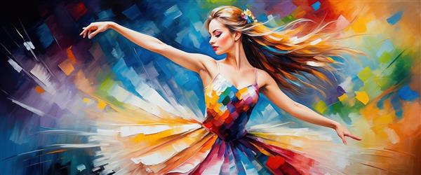 طرح فیگور بالرین فانتزی با پس‌زمینه انتزاعی و رنگارنگ