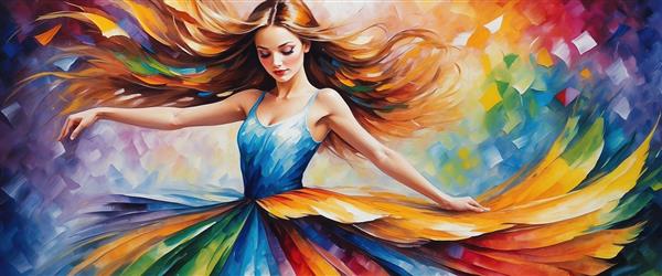 تصویر نقاشی دختر رقصنده با موهای بلند و لباس رنگی