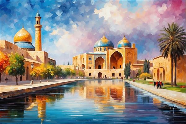 عکس مسجد سنتی با حوض بزرگ و آسمان ابری فانتزی