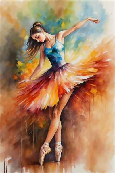 طرح بالرین در حال رقص با دامن رنگارنگ آبرنگی