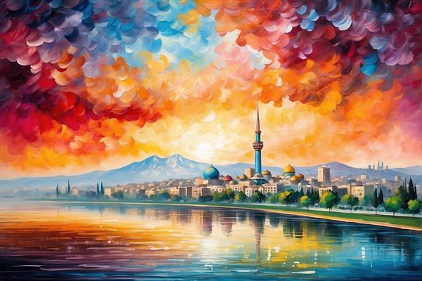 عکس منظره شهر ساحلی با مسجد و غروب رنگارنگ