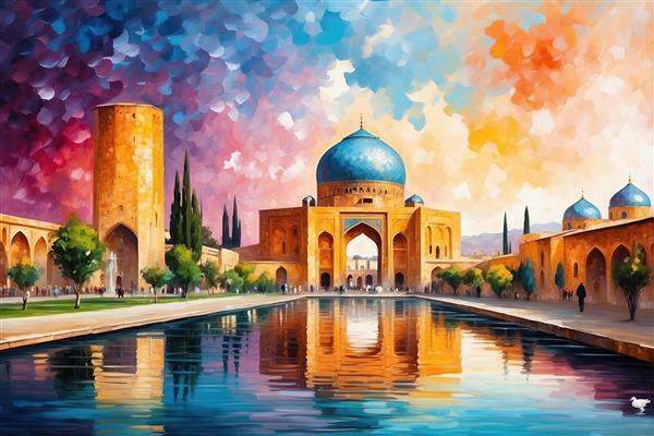 طرح مسجد سنتی با گنبد فیروزه‌ای و حوض آب زلال