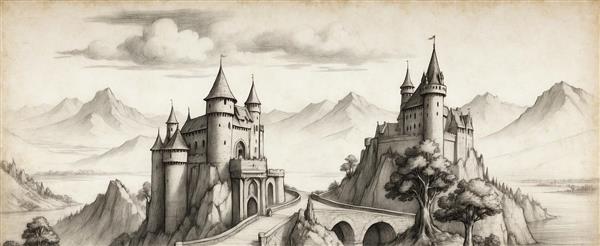 تصویر دو قلعه فانتزی روی صخره‌های مرتفع با جزئیات بالا