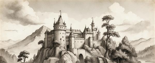 عکس قلعه قرون وسطایی روی تپه با نمای تک رنگ