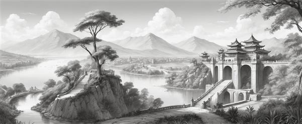 طرح پانوراما از معبد شرقی و پل سنگی در طبیعت