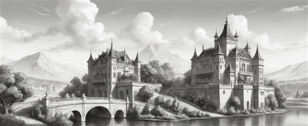 تصویر کاخ‌های دوگانه کلاسیک با پل سنگی و منظره کوهستان