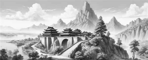 عکس معبد باستانی روی صخره در میان کوه‌های مه‌آلود