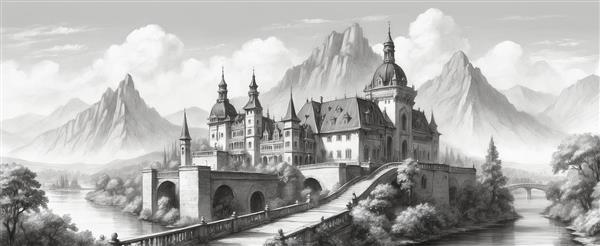 طرح عمارت باشکوه کوهستانی با پل سنگی و نمای باکیفیت