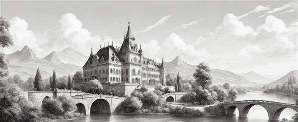 تصویر قصر کلاسیک اروپایی در کنار رودخانه با جزئیات بالا