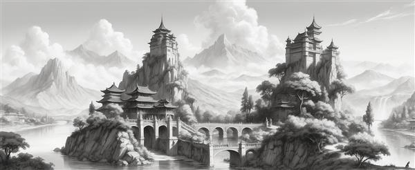 طرح معبد شرق دور مینیمال روی کوهستان برفی باکیفیت