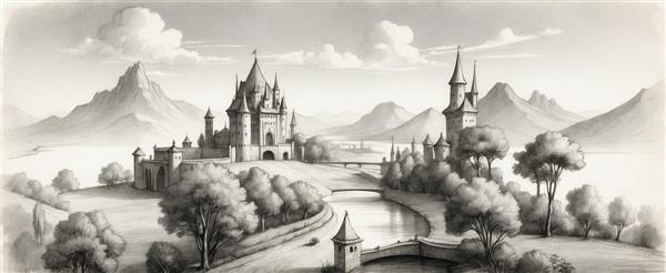 تصویر منظره قلعه کنار رودخانه با جزئیات بالا