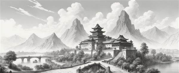 طرح منظره عمارت شرقی با کوهستان بلند سیاه سفید