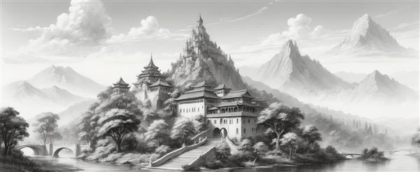 عکس منظره قصر روی کوهستان با دریاچه سیاه سفید