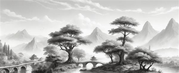 تصویر منظره طبیعت با پل سنگی سیاه سفید