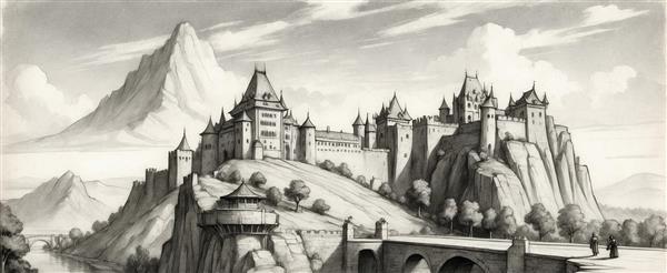 طرح منظره قلعه باستانی روی تپه سیاه سفید