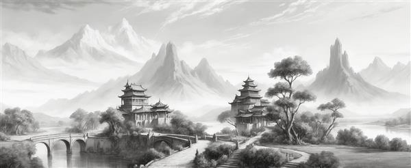 عکس منظره معبد شرقی با کوهستان مه‌آلود سیاه سفید