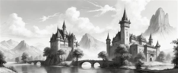 تصویر منظره قلعه فانتزی قدیمی با کوهستان سیاه سفید