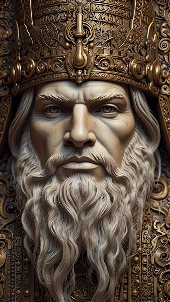 طرح فانتزی چهره پادشاه باستانی با تاج طلا