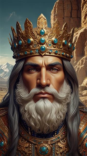 عکس کوروش کبیر فانتزی با تاج فیروزه‌ای باکیفیت