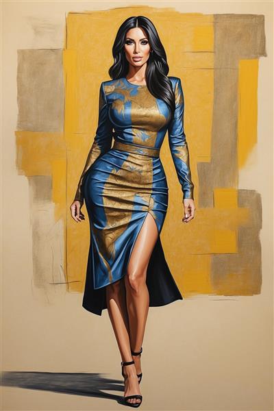 تصویر کیم کارداشیان فانتزی با لباس آبی و طلایی